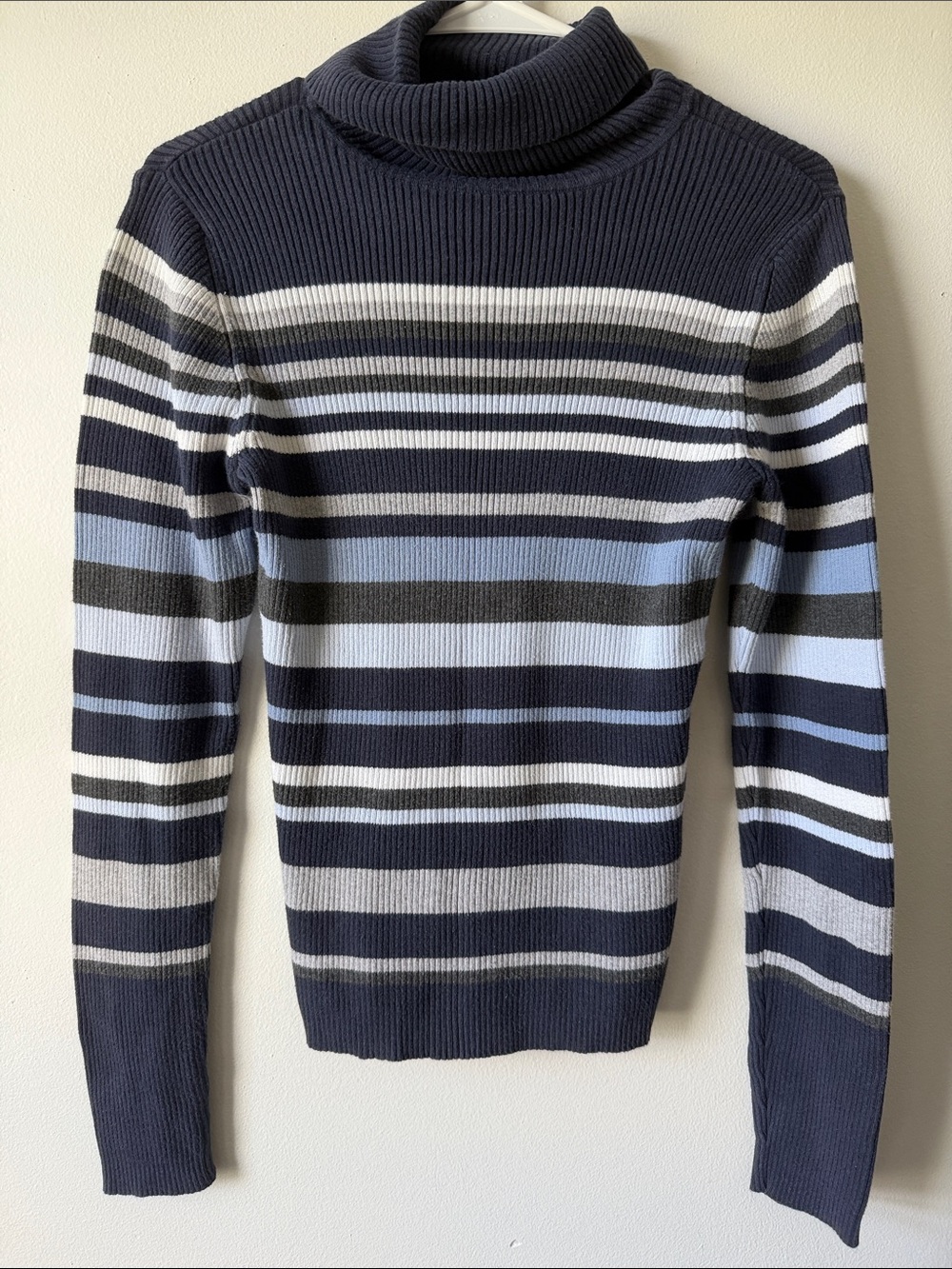 GAP women’s Navy, Light Blue, White & Gray Striped Turtleneck Sweater